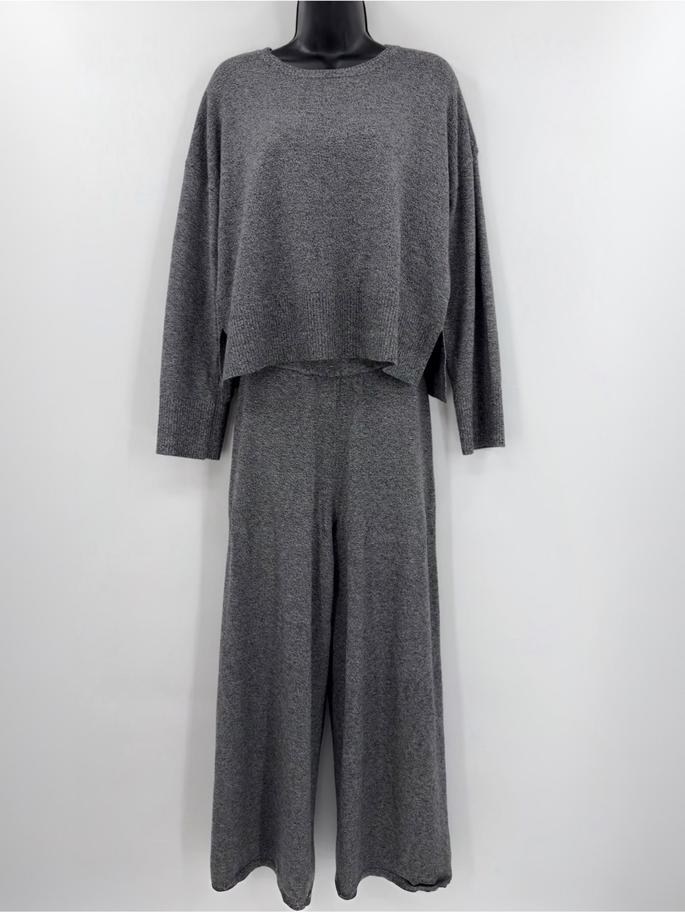 Marled Cropped Sweater & Wide Leg Pant Set | Grey | Large